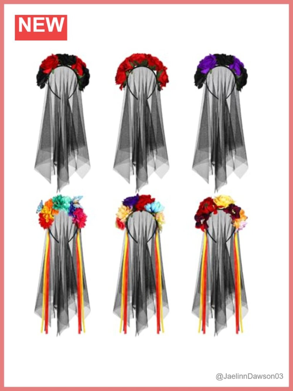 Day of the Dead Flower Crown Headband with Black Veil